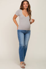 Grey Ribbed Knit Fitted Maternity Top