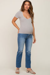 Grey Ribbed Knit Fitted Maternity Top