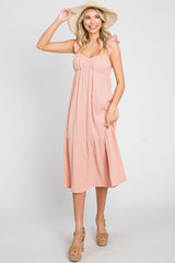 Light Pink Gauze Ruffle Maternity Midi Dress