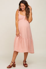 Light Pink Gauze Ruffle Maternity Midi Dress