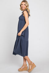 Navy Gauze Ruffle Midi Dress