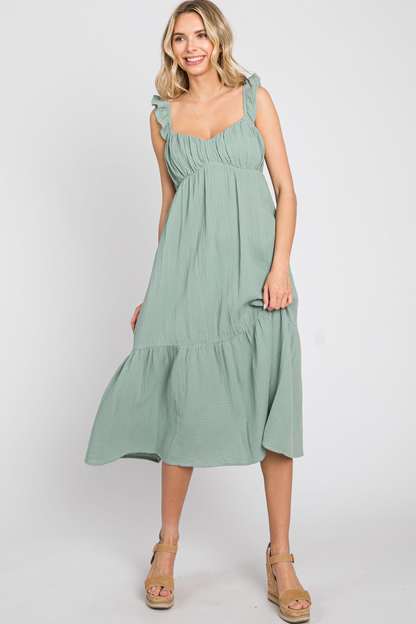Sage Gauze Ruffle Maternity Midi Dress