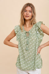 Light Olive Floral Front Tie Ruffle Shoulder Maternity Top