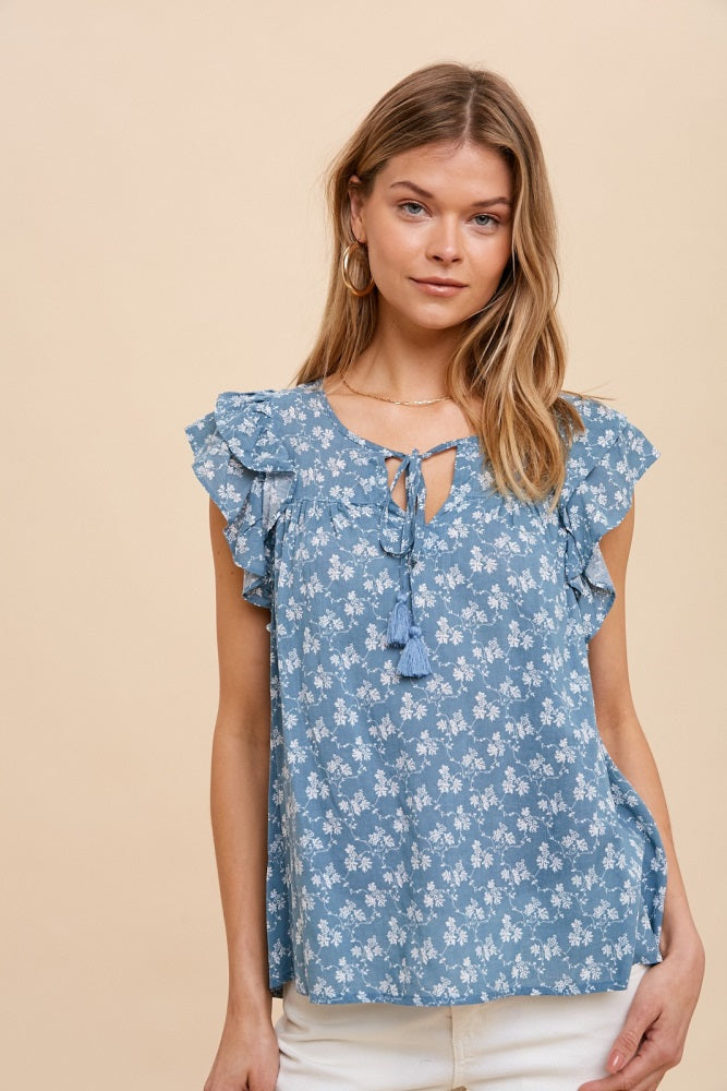 Blue Floral Front Tie Ruffle Shoulder Top