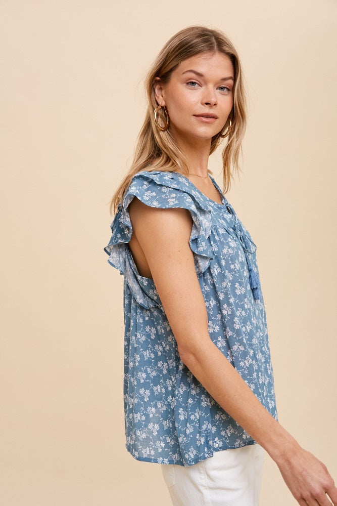 Blue Floral Front Tie Ruffle Shoulder Top
