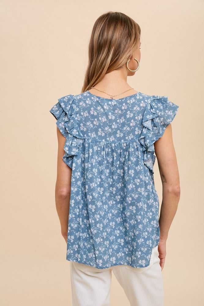 Blue Floral Front Tie Ruffle Shoulder Top