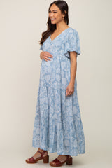 Light Blue Paisley Button Down Tiered Maternity Maxi Dress