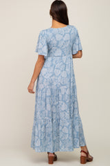 Light Blue Paisley Button Down Tiered Maternity Maxi Dress