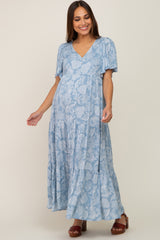 Light Blue Paisley Button Down Tiered Maternity Maxi Dress