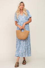 Light Blue Paisley Button Down Tiered Maxi Dress