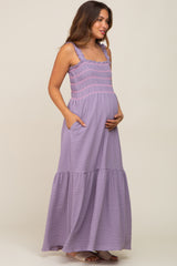 Lavender Smocked Embroidered Ruffle Strap Maternity Maxi Dress