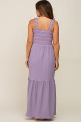 Lavender Smocked Embroidered Ruffle Strap Maternity Maxi Dress