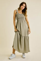 Olive Smocked Embroidered Ruffle Strap Maternity Maxi Dress