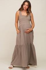 Olive Smocked Embroidered Ruffle Strap Maternity Maxi Dress