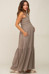 Olive Smocked Embroidered Ruffle Strap Maternity Maxi Dress