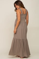 Olive Smocked Embroidered Ruffle Strap Maternity Maxi Dress