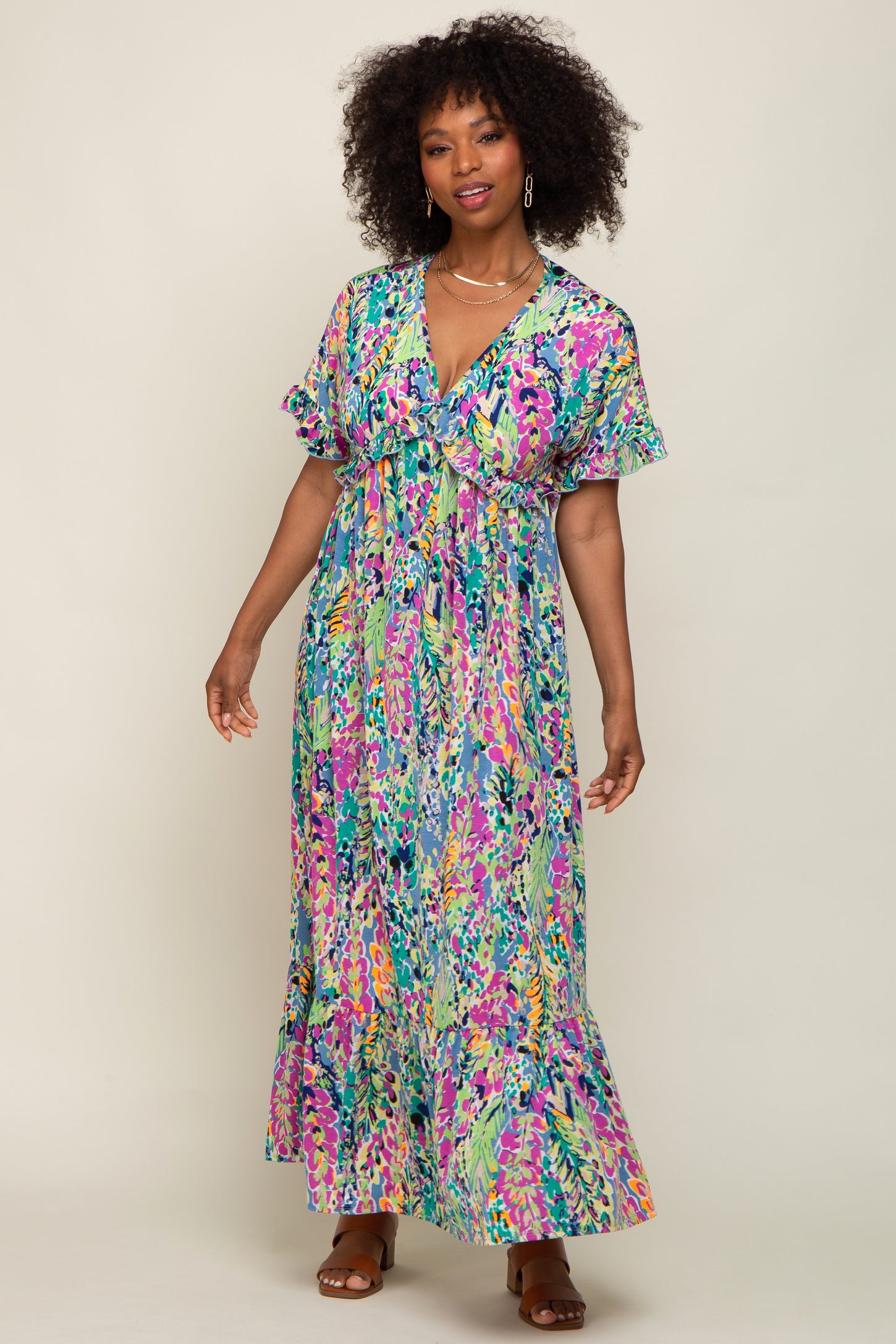 Blue Multi-Color Floral Ruffle Maxi Dress