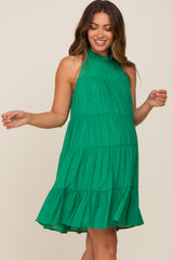 Green Ruffle Mock Neck Tiered Maternity Dress