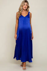 Royal Blue Satin Side Slit Maternity Maxi Dress