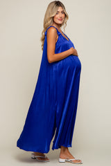 Royal Blue Satin Side Slit Maternity Maxi Dress