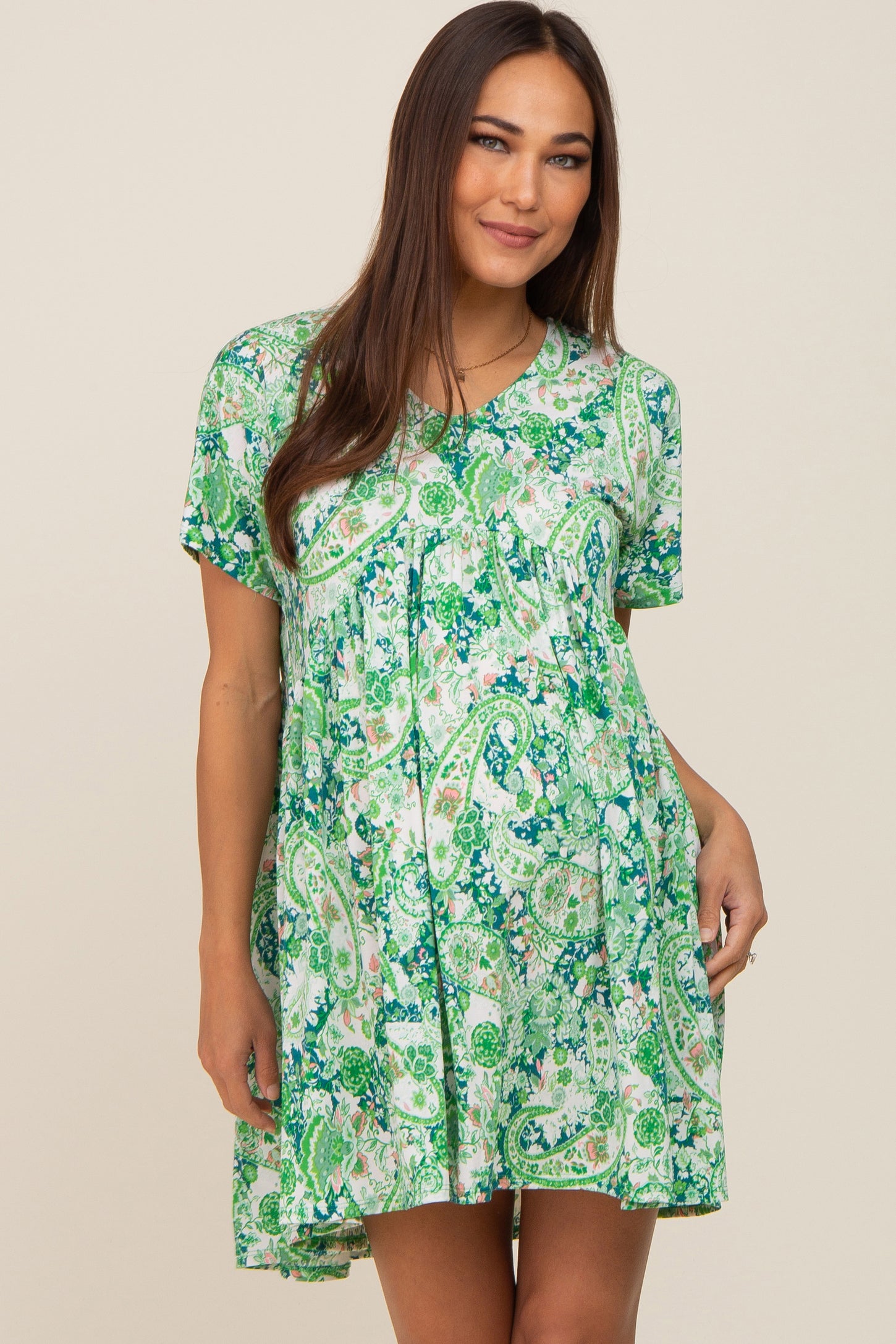Green Floral Paisley V-Neck Maternity Dress