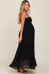 Black Textured Dot Chiffon Sleeveless Maternity Maxi Dress