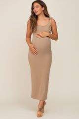 Taupe Soft Knit Shoulder Tie Maternity Maxi Dress