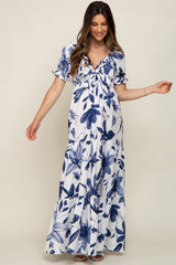 Ivory Floral Smocked Front Tie Short Puff Sleeve Maternity Maxi Dress