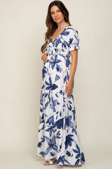 Ivory Floral Smocked Front Tie Short Puff Sleeve Maternity Maxi Dress