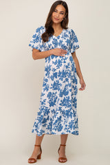 Blue Floral Smocked Maternity Midi Dress