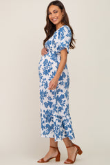 Blue Floral Smocked Maternity Midi Dress