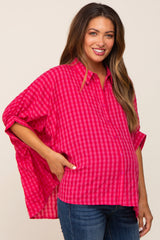 Red Gingham Button Up Collared Boxy Maternity Top