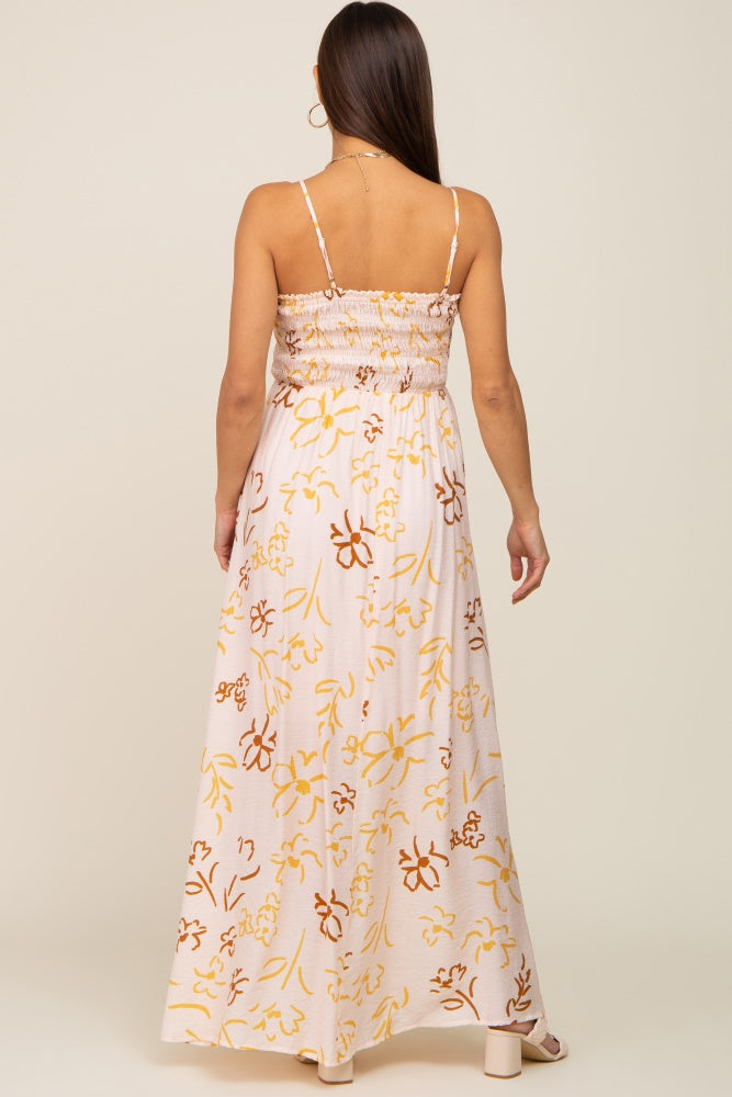 Yellow Floral Smocked Floral Maternity Maxi Dress