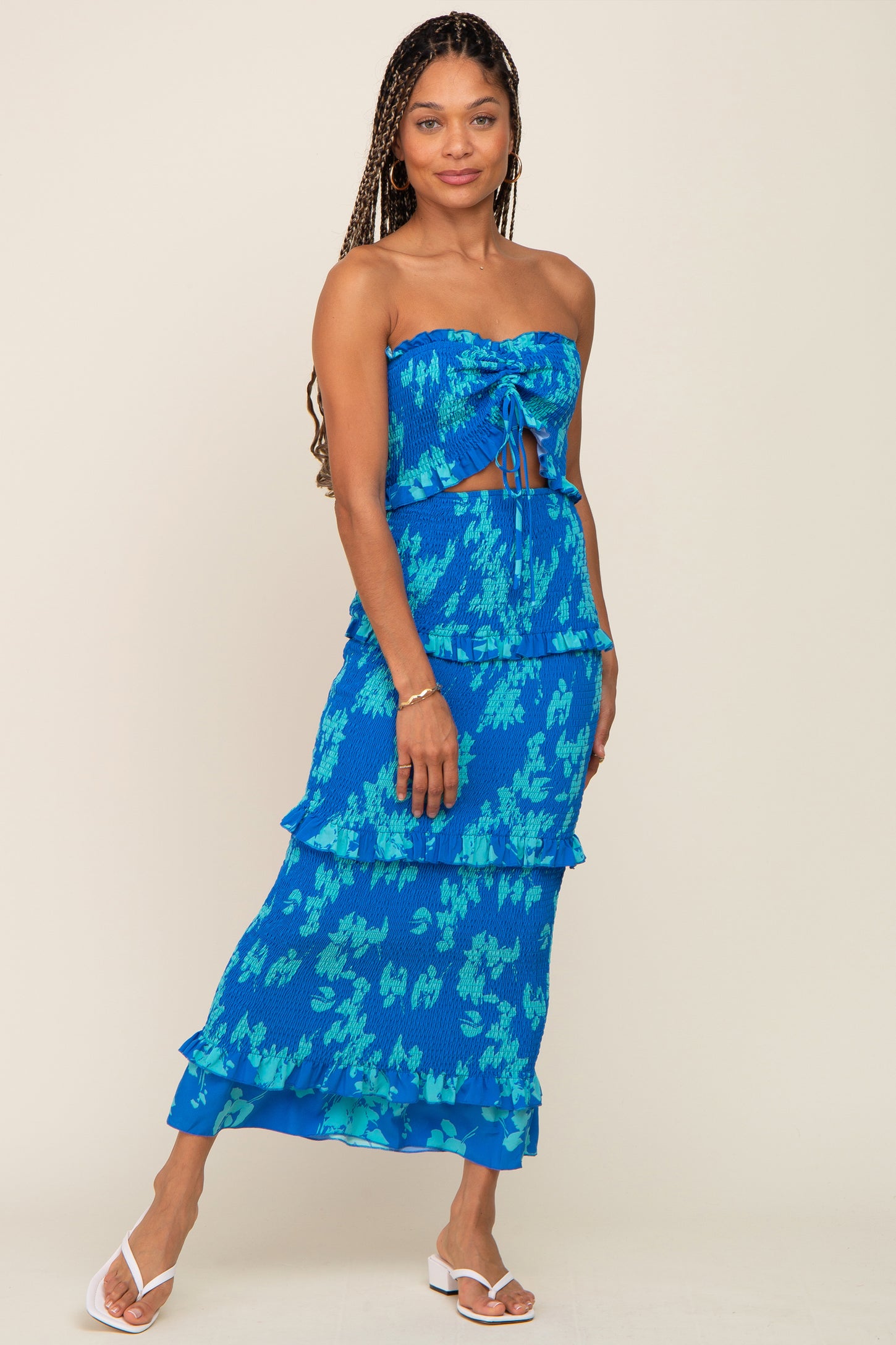 Blue Floral Smocked Drawstring Front Cutout Ruffle Trim Maternity Midi Dress