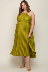 Lime Pleated Sleeveless Waist Tie Maternity Plus Maxi Dress