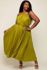 Lime Pleated Sleeveless Waist Tie Plus Maxi Dress