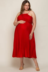 Red Pleated Sleeveless Waist Tie Maternity Plus Maxi Dress