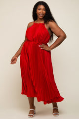 Red Pleated Sleeveless Waist Tie Plus Maxi Dress