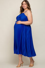 Royal Blue Pleated Sleeveless Waist Tie Maternity Plus Maxi Dress