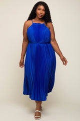 Royal Blue Pleated Sleeveless Waist Tie Maternity Plus Maxi Dress