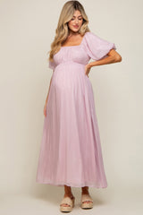 Light Pink Shimmer Chiffon Short Puff Sleeve Maternity Maxi Dress