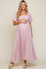 Light Pink Shimmer Chiffon Short Puff Sleeve Maternity Maxi Dress