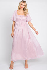 Light Pink Shimmer Chiffon Short Puff Sleeve Maxi Dress