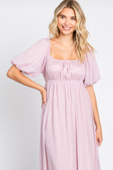 Light Pink Shimmer Chiffon Short Puff Sleeve Maxi Dress