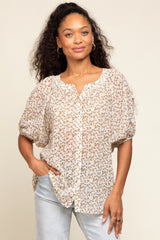 Ivory Floral Semi Sheer Puff Sleeve Maternity Blouse