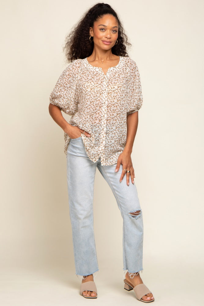 Ivory Floral Semi Sheer Puff Sleeve Blouse