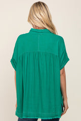 Green Button Up Contrast Stitch Short Sleeve Top