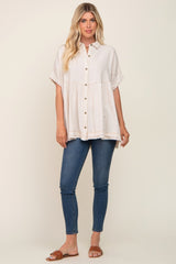 Cream Button Up Contrast Stitch Short Sleeve Top