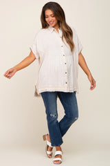 Cream Button Up Contrast Stitch Short Sleeve Maternity Top