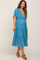 Blue Ruffle Tiered V-Neck Maternity Midi Dress